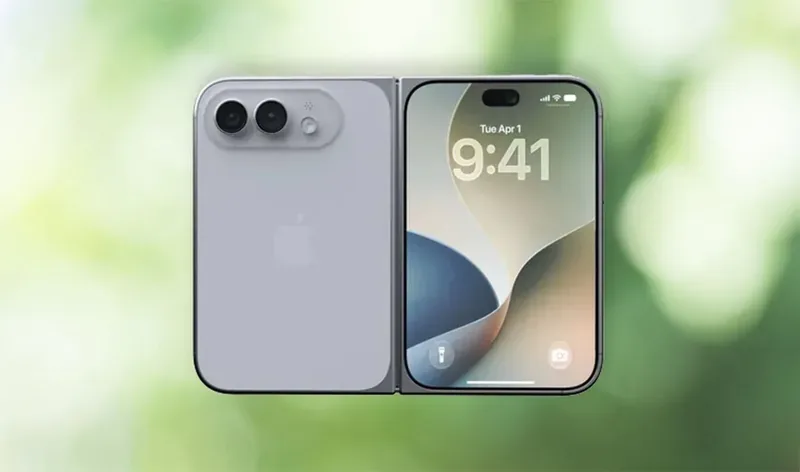 媒体报道使用的iPhone Duo折叠屏手机概念渲染图，并非苹果官方实物图