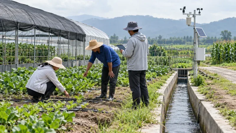 原创概念图：农户与农技人员检查滴灌、排水沟和田间气象设备